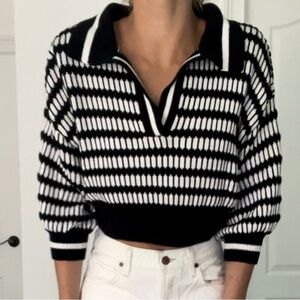 Cactus Black White Striped Half Zip Cropped Sweater